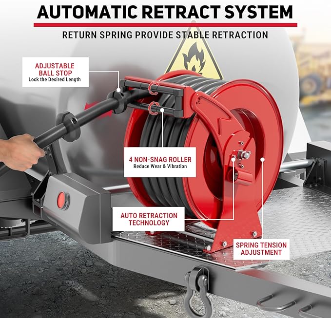 Fuel Hose Reel, 1" x 33' Retractable Diesel Fuel Heavy-duty Steel Construction with Refueling Nozzle, 300 PSI Diesel Reel Used for Aircraft Ship Vehicle Tanker Truck