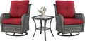 Outdoor Swivel Rocker Wicker Chairs Set of 3, High Back Swivel Patio Chairs Wicker Furniture Set, 2 PCS Rattan Swivel Rocking Chair with Side Table, Red Cushion