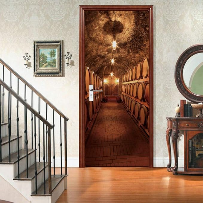 3D Door Stickers Murals - Peel & Stick Wine Cellar Theme - Removable PVC Waterproof Door Poster, 31.5" x 78.7" for Bedroom & Living Room