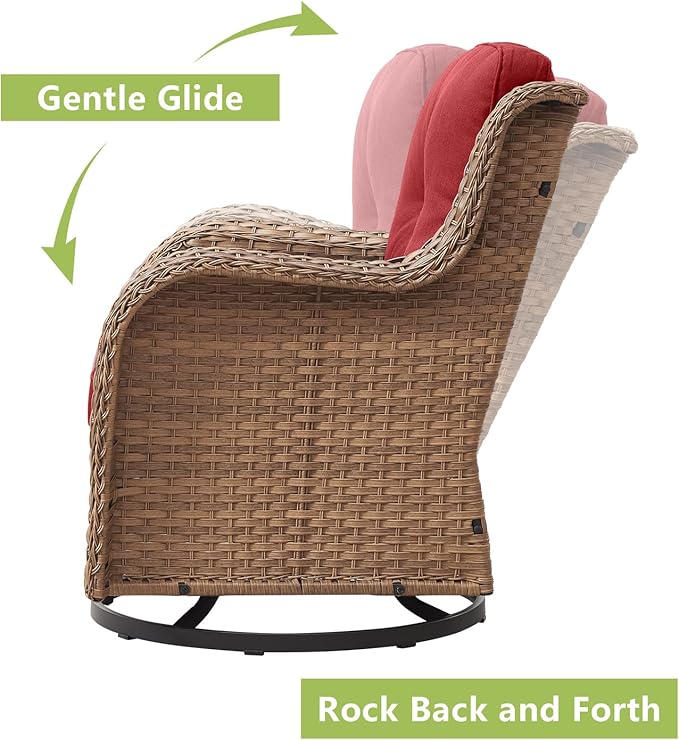 Outdoor Wicker Patio Furniture Set - 6 Piece Rattan Patio Conversation Set with 2 Rocking Swivel Chairs,2 Ottomans,1 Loveseat and 1 Coffee Table for Porch Deck Backyard Garden(Yellow/Red)