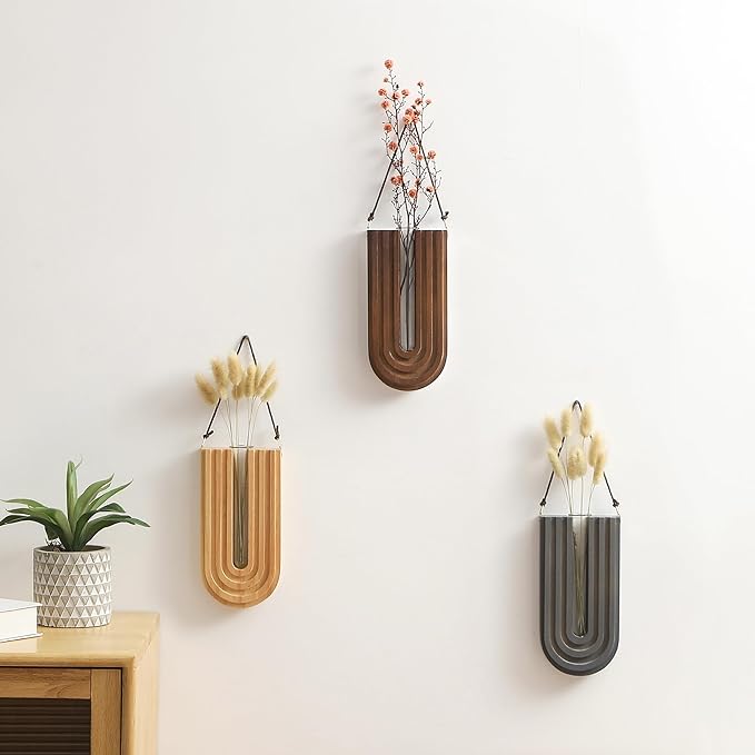 Wood Wall Planter Indoor, Propagation Station, Wooden Hanging Vase for Dried Flowers, Wall Plant Holder, Boho Wall Décor for Living Room U Rainbow Shape (Set of 3)
