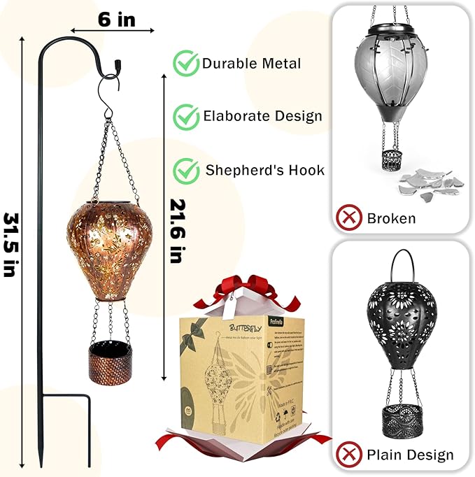 Butterfly Decor Hot Air Balloon Solar Lantern – Outdoor Decorative Hanging Light for Garden Yard Patio Porch Lawn and Pathway – Unique Housewarming, Birthday Gift for Women Mom Grandma