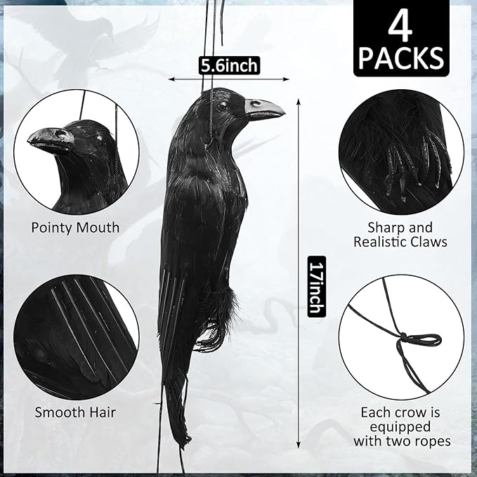 Lewtemi 4 Pcs 17 Inch Realistic Hanging Dead Crows Decoy Life Size Black Feathered Crow Fake Black Crows for Garden Decorations