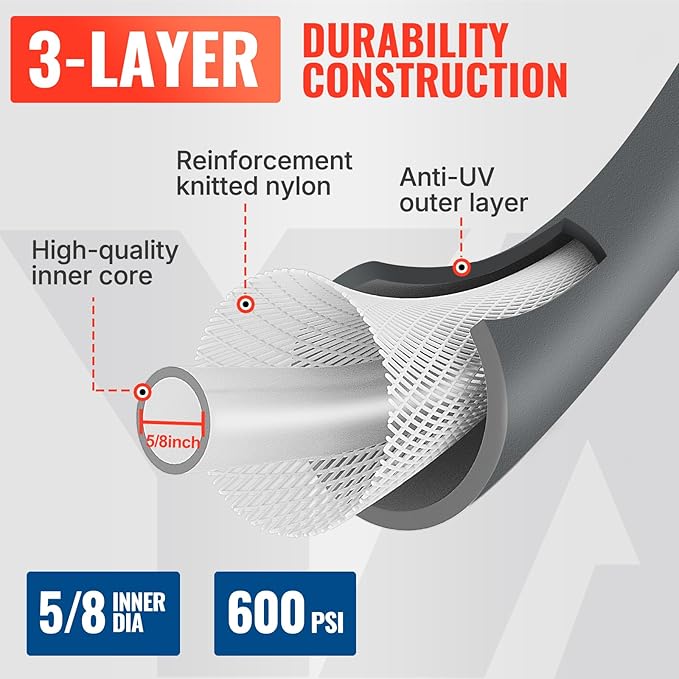 YAMATIC Heavy Duty Garden Hose 5/8 in x 50 ft with Swivel Handle, Super Flexible Water Hose, All-weather, Lightweight, Burst 600 PSI, Grey