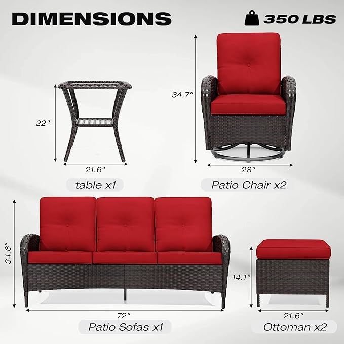 Joyside 6 Piece Patio Furniture Set, Outdoor Wicker Conversation Sets with Swivel Rocker Chairs and Sofa, Thick Cushion, Rattan Patio Sectional for Porch, Deck Use (Brown/Red, 6 PCS)