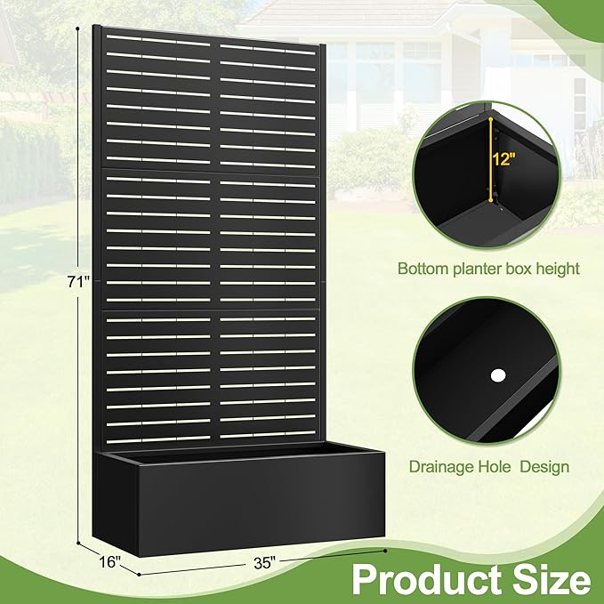 Trellis for Climbing Plants Outdoor，Mental Garden Bed with Drainage Holes Outdoor Privacy Screen Design Tall planters for herb Flower Vegetables 73"x35"x16", Black-Louvered
