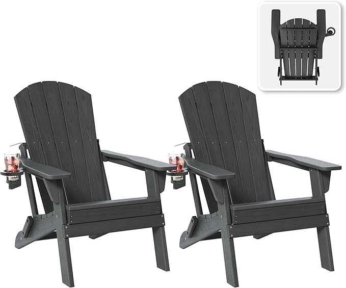 Folding Adirondack Chair Set of 2 with Cup Holder, HDPE All Weather Resistant Plastic Outdoor Patio Chairs, Heavy Duty Fire Pit Seating for Backyard Lawn Garden, Wooden Textured Design(Gray)
