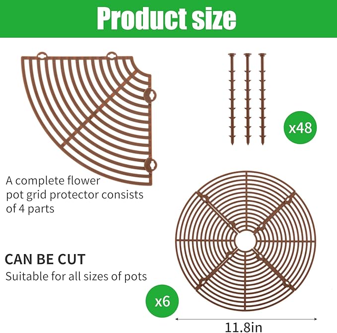 6 Pcs Plant Pot Grid Cover Protectors from Animals- Diameter 11.8" Cuttable Flower Pot Cover with 48 Stakes, Keep Cats Out of Potted Plants, Cat Digging Stopper Baby Safety Soil Cover for Indoor