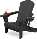 KINGYES Folding Adirondack Chair with Dual Cup Holders - HDPE All-Weather Outdoor Chairs, Wood-Like Patio Chair for Backyard, Camping, Pool & Fire Pit, Black