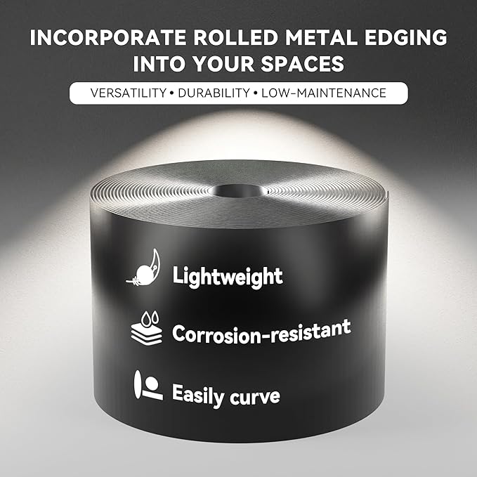 Worth Galvanized Steel Landscape Edging 6" x25' Metal Garden Edging Roll Flexible Bender Border with 8Pcs Stakes for Lawn, Flower Bed Edges, Black