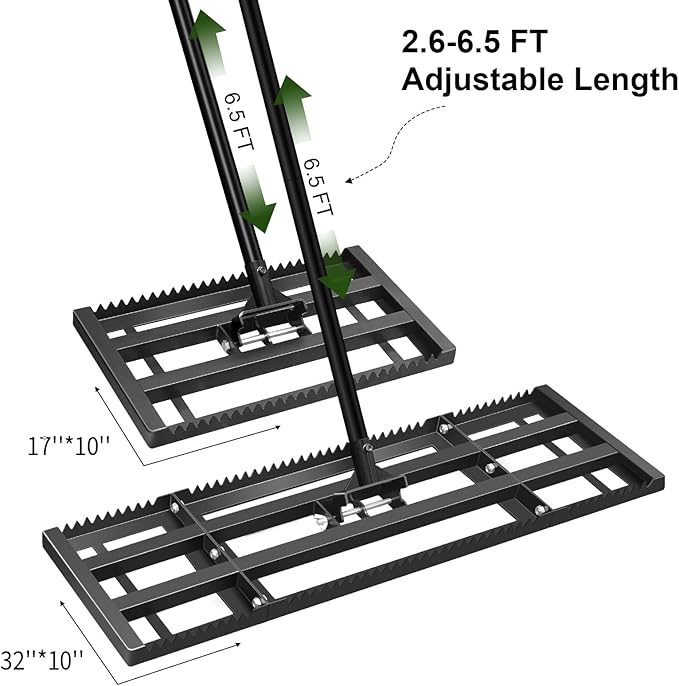 Lawn Leveling Rake-32"x10" Heavy Duty Leveler Reinforced Landscape Tool, Steel Golf Rake with Serrated Edge & Smooth Plate for Level Soil Compost Sand Grass Dirt Yard Garden 6.5FT Adjustable Handle