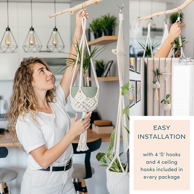 Nook Theory 4-Pack Macrame Plant Hanger - with 8 Ceiling Hooks - Hanging Planter Indoor Outdoor - Hanging Plant Holder - Decorative Bohemian Plant Hangers - Hanging Plants (Light Gray)