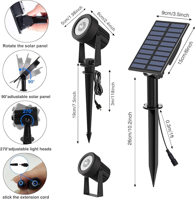 T-SUNUS Solar Spot Lights Outdoor White 4 Pack 6000K, IP65 Waterproof Landscape Spotlights with Separate Solar Panel & 9.8ft Cable Auto On/Off for Flag Pond Trees Driveway Garden Pathway Pool Area