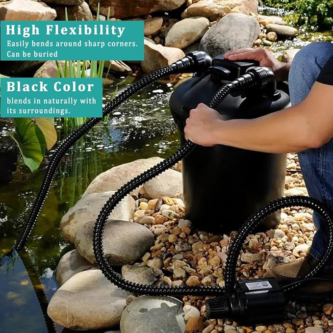 Pond Tubing ID 1/2” × 50ft Black Corrugated Flexible Reinforced Waterfall Pond Tube Sump Pump Hose, Non-toxic & Kinkproof (50 ft, 1/2" ID)