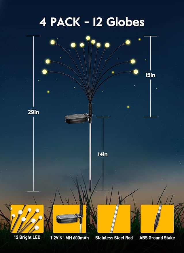 Solar Garden Lights - 4 Pack 48 LED Firefly Lights with 2 Lighting Modes, Sway by Wind, Waterproof Outdoor Decoration, Warm White