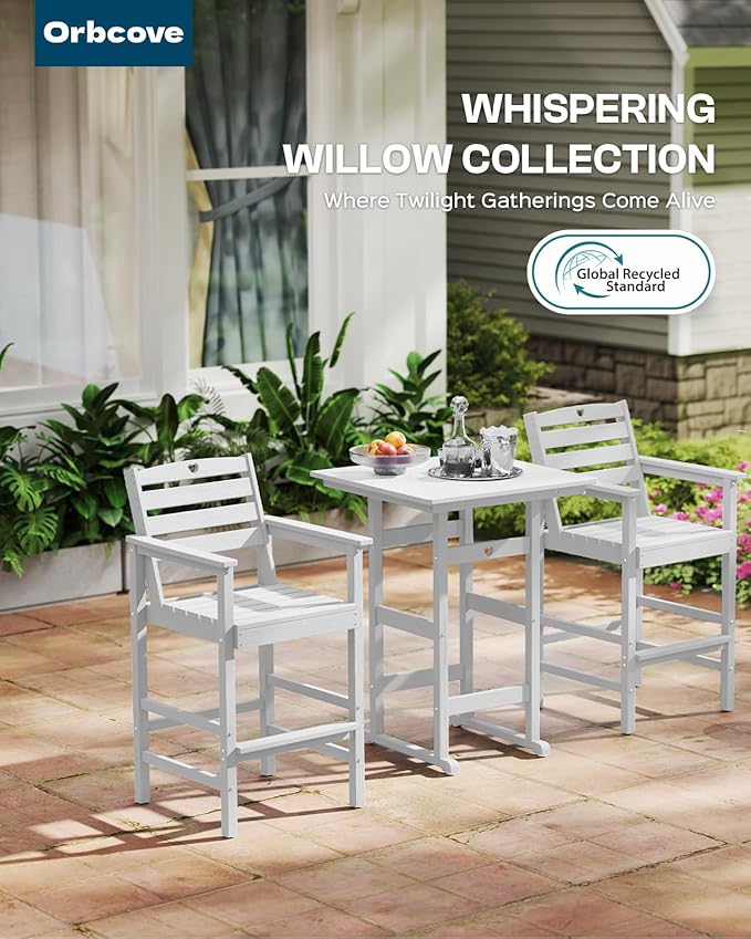 3-Piece HDPE Outdoor Bar, Outdoor Bar Stools and Outdoor Bar Table with Heart Cutout Design, All Weather Bistro Set Outdoor for Patio, Porch, Pool (White)