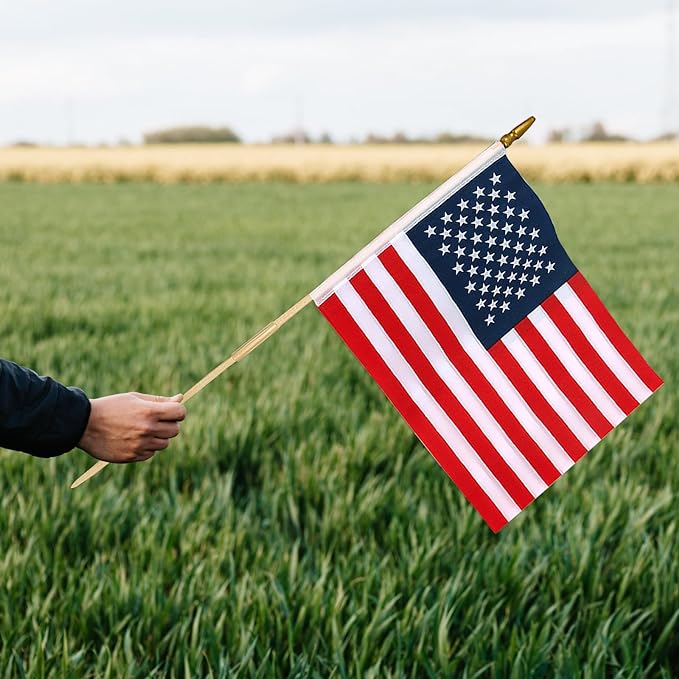 50 Pcs 12x18 Inch American Flags on Stick, American Flags, USA Stick Flag with Handheld and Grounded Multi-Purpose Flagpole, Design for Memorial Day, 4th of July, Veterans Day