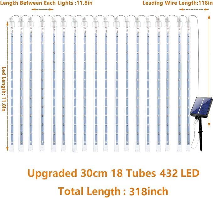 4th of July Decorations Outdoor, Red White and Blue Solar Meteor Shower Lights, 18 Tubes 432 LEDs 4th of July Lights Waterproof, Patriotic Lights String for Independence National Memorial Day Decor