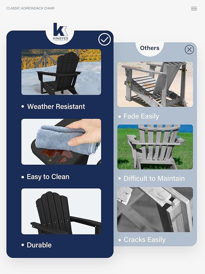 KINGYES HDPE Adirondack Chair, Classic All-Weather Adirondack Chair Set of 2, Black