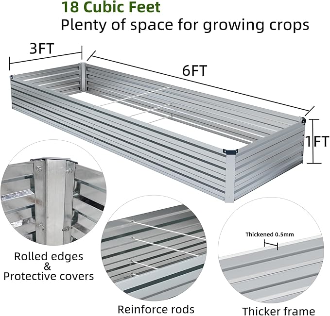 3 Pack 6x3x1FT Galvanized Raised Garden Beds Kit Outdoor Metal Gardening Planter Box for Vegetable Elevated Flower Herbs,Silver
