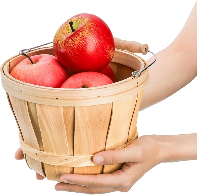 Okllen 2 Pack Round Wooden Baskets with Handle, Empty Wood Fruit Buckets, Easter Basket Fall Harvest Basket for Display Fruits Vegetables, Home Garden and Party Supplies, Natural Color