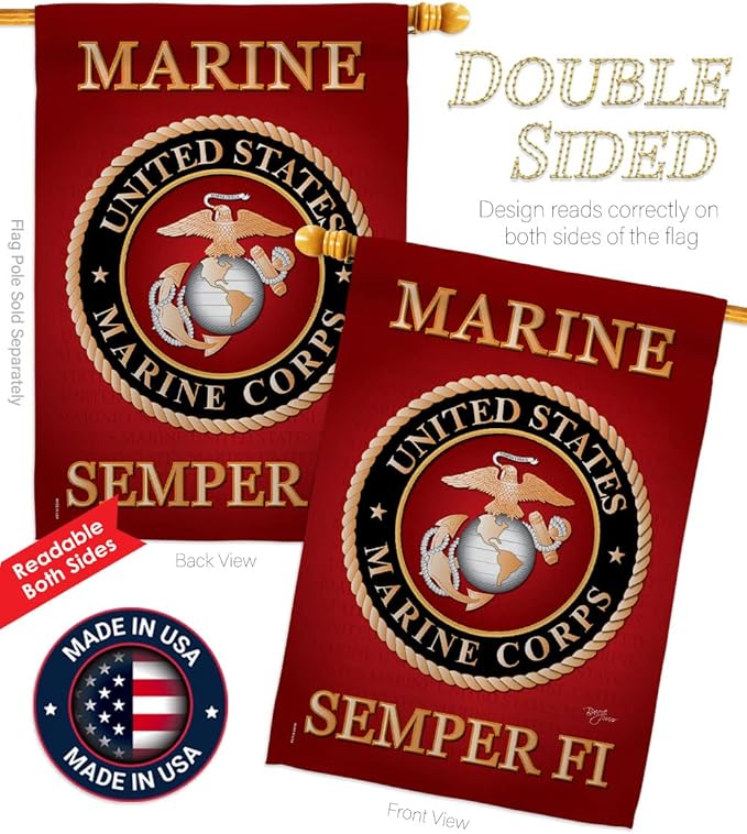 Marine Corps House Flag - Pack Armed Forces USMC Semper Fi United State American Military Veteran Retire Official USA Embroidery - Banner Small Garden Yard Gift Double-Sided Made In 28 X 40