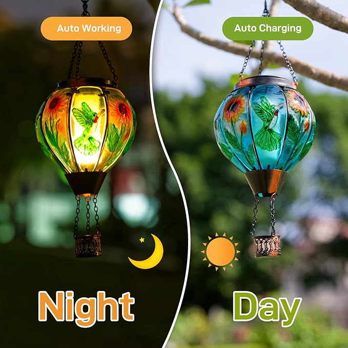 Hummingbird and Sunflower Solar Hot Air Balloon Lantern with Flame, Glass Hot Air Balloon Solar Lantern Outdoor Waterproof, Hanging Solar Lantern for Outside Garden Patio Tree Porch Yard