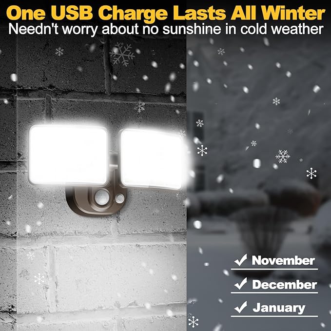 Rechargeable Battery-Powered Motion Light (1-3 Months Endurance), 2500LM Standard & 4000LM High-Brightness Dual Modes, USB Charging Outdoor LED Flood Light for Garage,Yard,Patio,Garden (Brown) 2 Packs