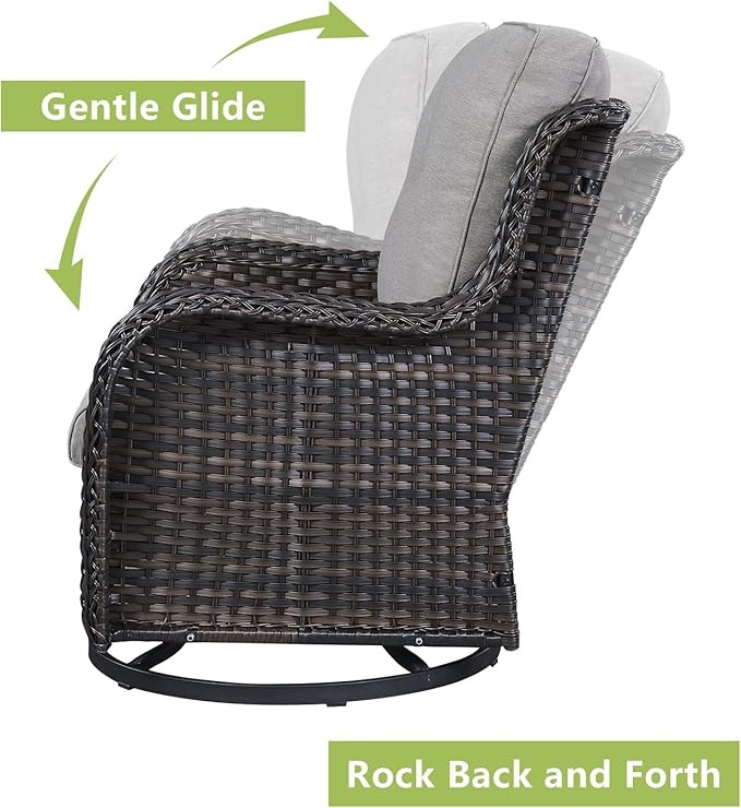 Outdoor Wicker Patio Furniture Set - 5 Piece Rattan Patio Conversation Set with 2 Rocking Swivel Chairs,2 Ottomans and 1 Sofa for Porch Deck Backyard Garden(Brown/Grey)