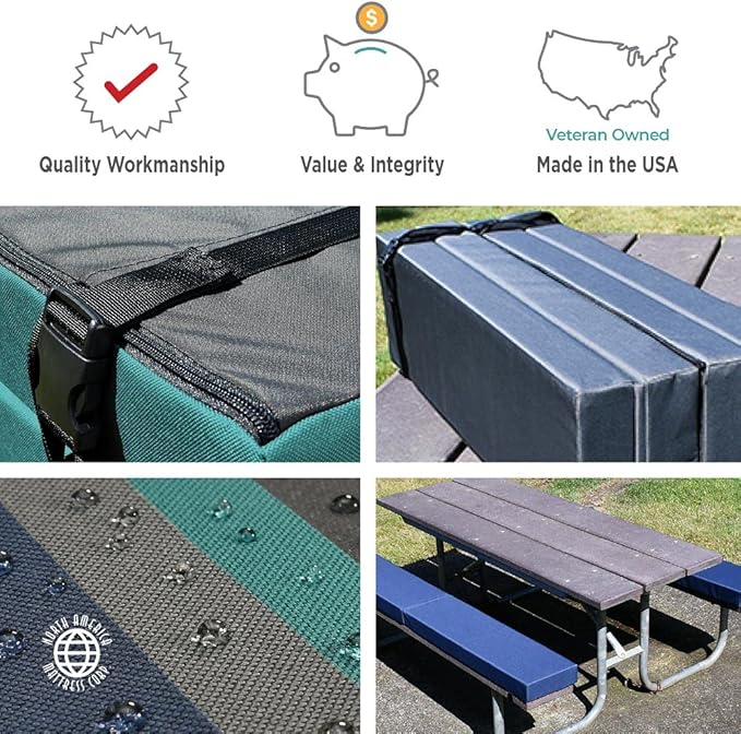 North American Mattress 6' Outdoor Picnic Bench Seat Cushion - 2 Piece Set; 72" (6ft) x 10" x 3"; Navy Blue - Folding & Easy to Carry
