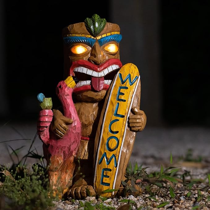 Welcome Tiki Statue with Surfboard Flamingo-Solar Outdoor Decor - Tiki Man with Automatic Switch On Flickering Eyes LED Light for Tiki Bar Decorations, Patio, Balcony, Yard,Lawn,Gifts