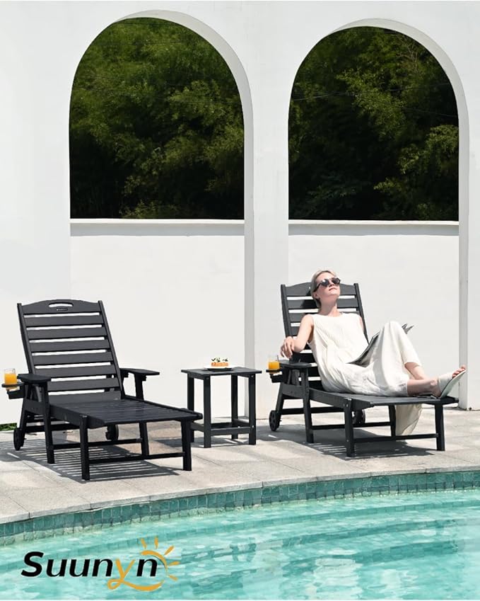 Lounge Chair Outdoor Set of 4 with Wheels, Adjustable 6-Position Chaise Lounge Outdoor, Patio Lounge Chair for Poolside Backyard, Black