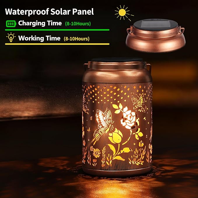 Rose Butterfly Decoration Solar Lanterns Outdoor Waterproof Garden Decor Gifts for Women Mon Grandma Metal Hanging Solar Lights for Outside LED Lanterns for Yard, Patio