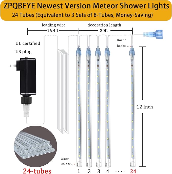 Meteor Shower Lights Christmas Lights Outdoor 24-Tube 576LEDs Snow Falling Rain Cascading Icicle Lights for Xmas Tree Christmas Decorations Wedding Party Holiday Garden Decor, UL Plug White