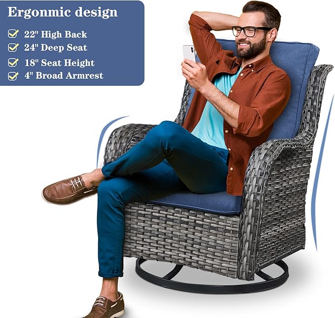 Outdoor Furniture Sectional Sofa L Shaped Couch - Patio Wicker Set with 2 Swivel Glider Chairs, 8 Piece Rattan Patio Conversation Sets with Blue Cushion for Deck Backyard Sunroom