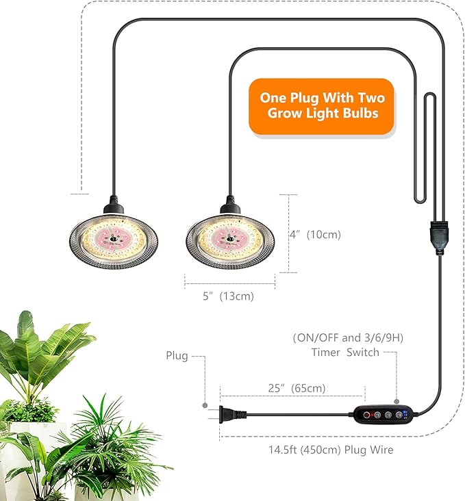 Grow Light Bulbs Indoor Plants Lights Adjustable Cord,Timer, Full Spectrum Plant Growing Lamp for Seedling,Greenhouse,Seedlings (2 Lights (14.7ft))