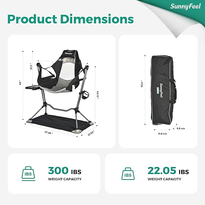 SUNNYFEEL Hammock Camping Chair, Oversized Swinging Camping Chair, Portable Hammock Chairs with Cup Holder, Beach Mat, MAX 300lbs Heavy Duty for Outdoor Travel Lawn Backyard Beach (Black)