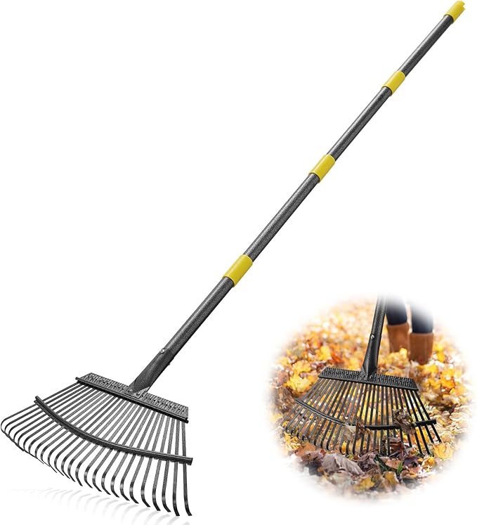 Metal Garden Rake, 6FT Rake for Leaves Lawns, 25 Metal Tines 18 inch Wide with Adjustable Handle Heavy Duty Yard Leaf Rakes for Gardening
