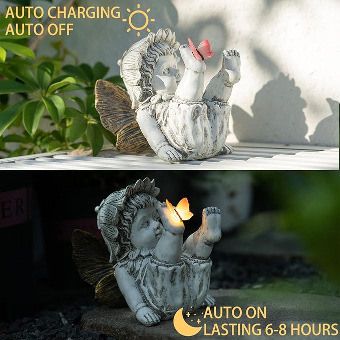 Garden Fairy Outdoor Solar Decor, Resin Ornaments for Patio Lawn Yard Porch, Playful Garden Flower Fairy Statues for Outside Angel Gifts, 7.91 Inches Tall