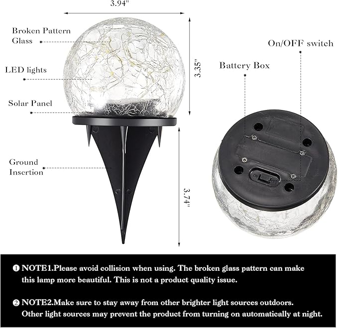 Honoson 3.9 Inch Solar Globe Lights Outdoor Waterproof, Solar Balls for Garden Cracked Glass Ball, Ground Landscape Garden Decor for Patio and Yard Lawn Backyard (12 Pieces)