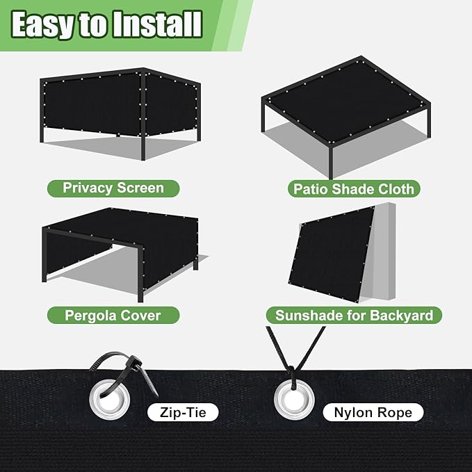 Outdoor 90% Sun Shade Cloth with Grommets, 12 X 24 FT Pergola Shade Cover for Garden Patio Carport Kennel Swimming Pool, Black (We Make Custom Size)