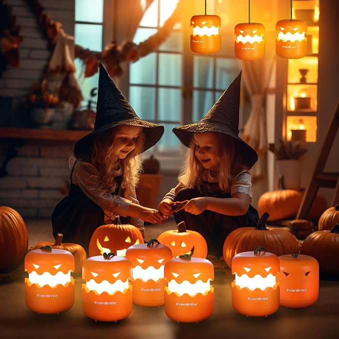 EverBrite 6-Pack Halloween Pumpkin Lantern, Collapsible Jack O Lantern Pumpkins with Lanyard, Halloween Party Favors for Kids, Light up Pumpkin Outdoor for Halloween Party Decoration, Battery Included