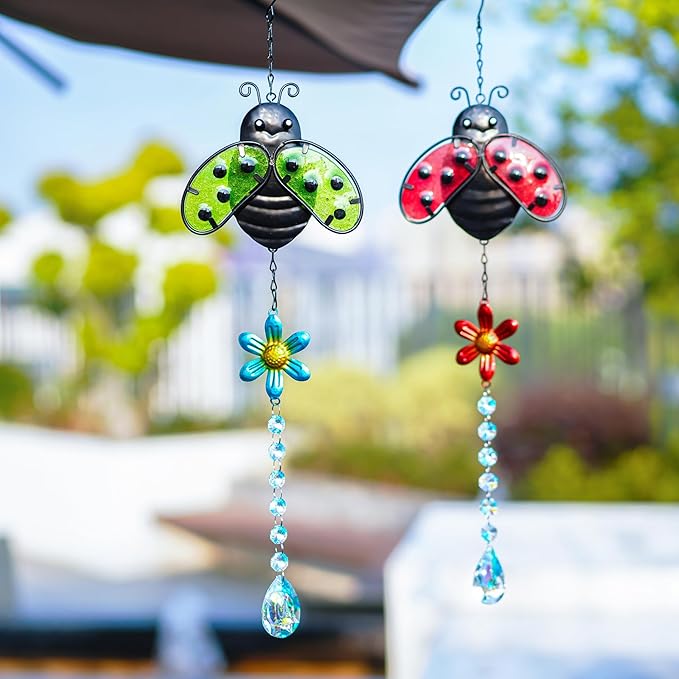 19'' Crystal Garden Suncatcher Decor Set 2 Stained Glass Metal Ladybugs Window Hanging Crystal Prisms Suncatcher for Outdoors Rainbow Maker (Red & Green)