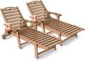 Lounge Chair Outdoor Set of 2, HDPE Chaise Lounge Outdoor with 6-Position & Wheels &Cup Holder, Pool Lounge Chair for Pool Poolside Deck Backyard Patio, Teak