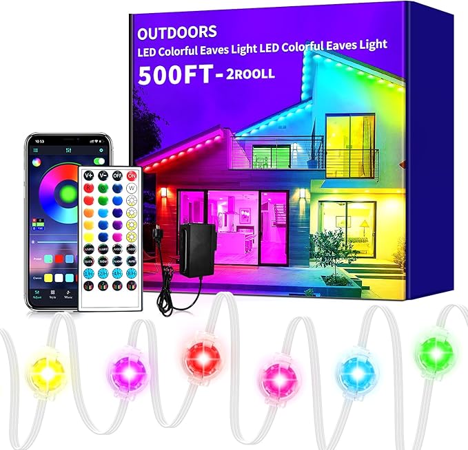 500ft Permanent Outdoor Light,RGB Eave Lights Music Sync IP67 Waterproof Outdoor Eave Lights Lighting, can be Used for Garden,House,Party,Holiday Decoration（2 Rolls of 250ft）