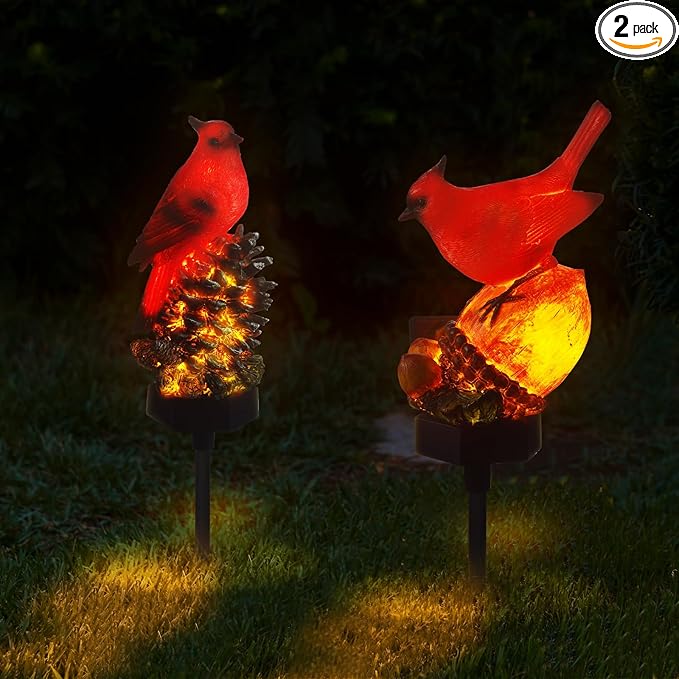 Capoda 2 Pieces Cardinal Garden Decorations Resin Bird Figurine Solar Light Stake Waterproof Light Stake Outdoor Decorations for Patio Yard Lawn Porch Pathway Christmas Decoration