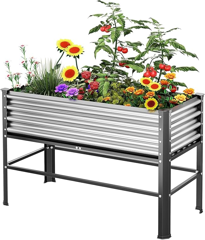 Doniks Raised Garden Bed with Legs, 48×24×32in Large Outdoor Metal Galvanized Garden Planting Box, 600lb Capacity for Vegetables Lawn Green Flowers, Fruits, Terrace