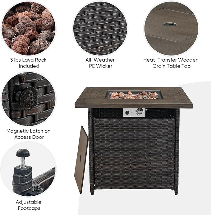 Outdoor Patio Furniture Set with 50000BTU Propane Fire Pit Table, 4 Pieces Wicker Patio Conversation Set with 2 Swivel Rocker Glider Chairs Rattan Sofa Grey Cushion Perfect for Gathering