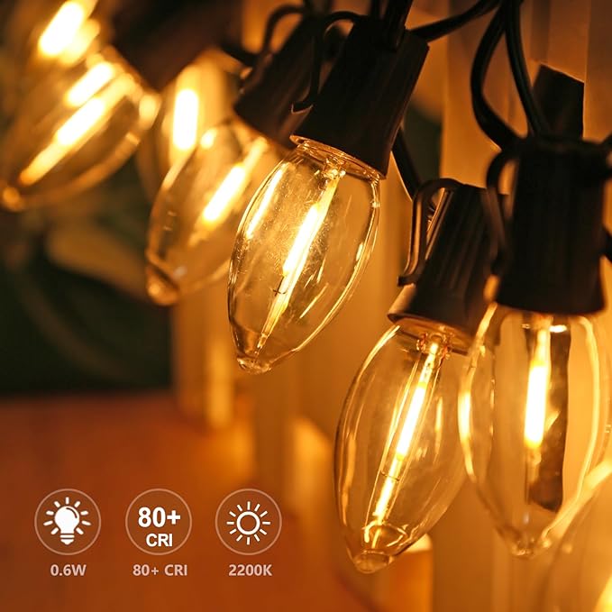 Waterproof C9 Replacement LED Light Bulbs –0.6W Equivalent to 7W, White Warm 2200K Outdoor String Lights E17 Base LED Light Bulbs, Clear Plastic, 25Pack