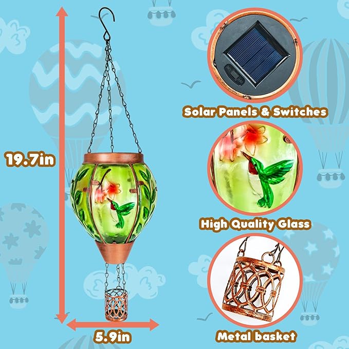 4 Pack Solar Hot Air Balloon Lantern with Flame，Hummingbird Outdoor Solar Lanterns for Outside Garden Yard Farmhouse Patio Pathway Decoration, Hummingbird Gifts for Women Grandma Mom - Hummingbird